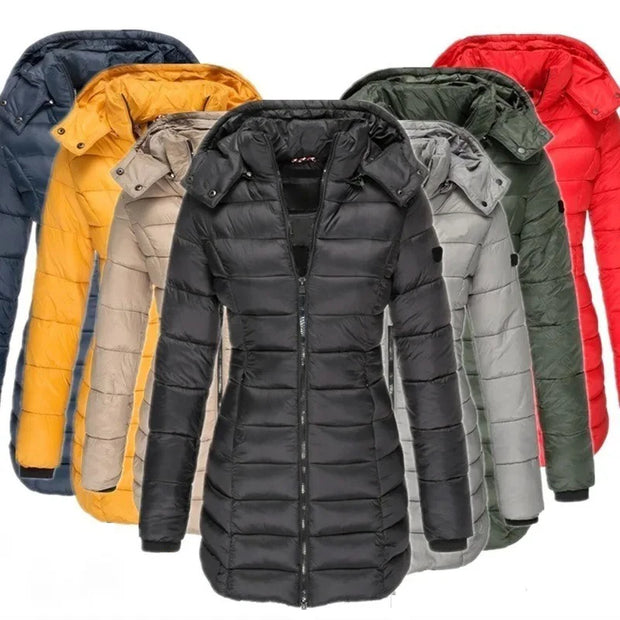 Winter Thicken Warm Women Parkas Solid Color Zippers Coats Long Sleeve Padded Puff Jacket Mid-Length Slim Female Hoodie Parkas