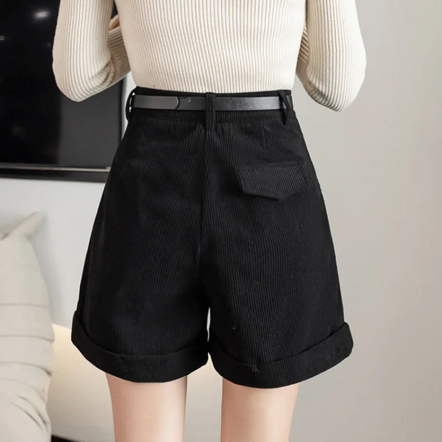 Retro High Waist Wide-leg Women Shorts 2024 New Autumn Winter Corduroy Casual Female Shorts Boyfriend Style Woman Shorts