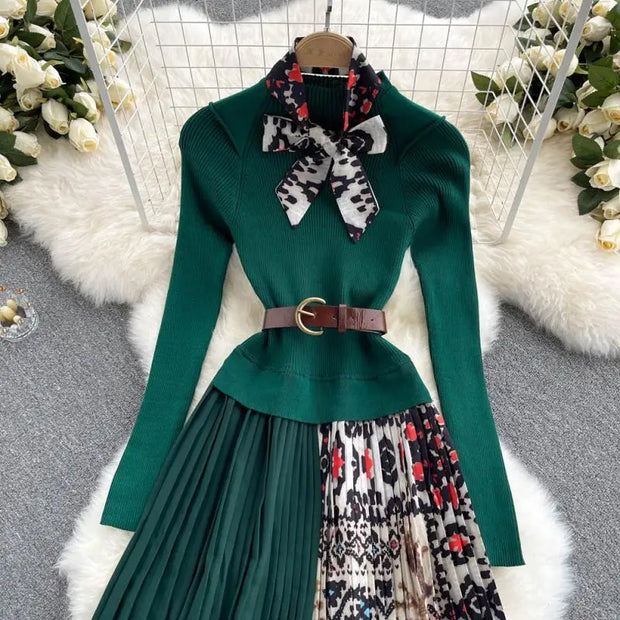 Banulin 2024 Autumn Winter Fashion Runway Vintage Elastic Knitted Dress Women Long Sleeve Patchwork Pleated Belted Midi Dress