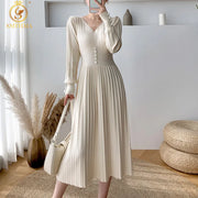 SMTHMA New Autumn Winter Knit Long Dress Women Casual Sexy V-Neck Slim Sweater Dresses Robe Office Lady Clothing