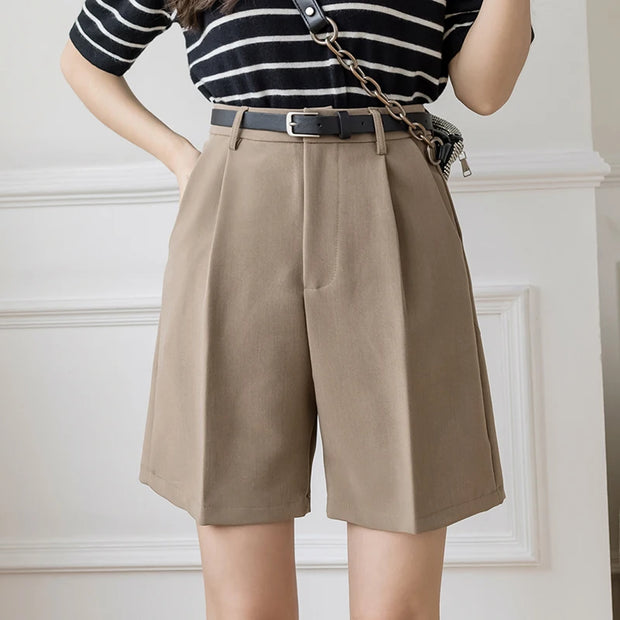 Fashion High Street Drape Suit Shorts Women Casual Solid Color High Waist Zipper Shorts Office Lady Summer Bottoms With Belt