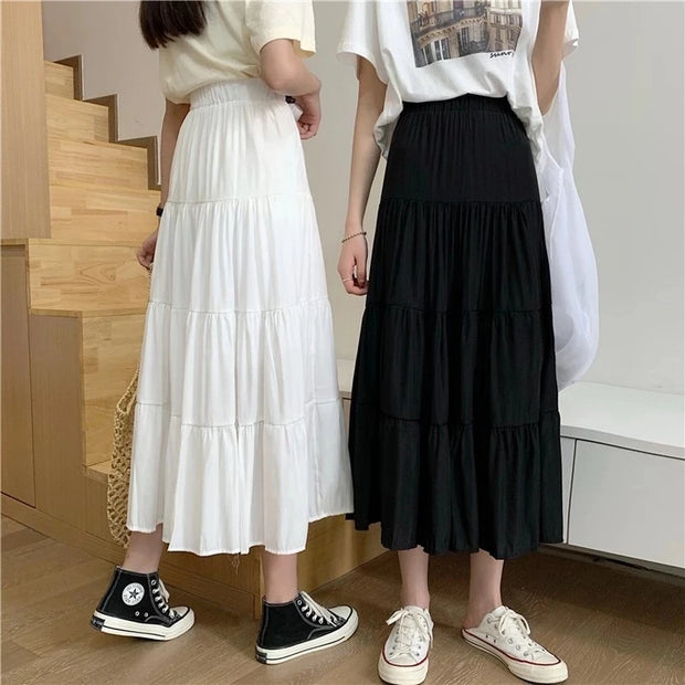 Spring Summer Women Chiffon Skirts Vintage High Waist Elastic Patchwork White Black Chic Long Cake A-line Skirt for Student