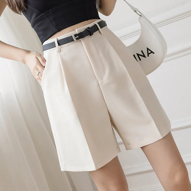 Fashion High Street Drape Suit Shorts Women Casual Solid Color High Waist Zipper Shorts Office Lady Summer Bottoms With Belt