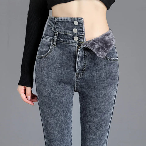 High-quality Winter Thick Fleece High-waist Warm Skinny Jeans Thick Women Stretch Button Pencil Pants Mom Casual Velvet Jeans