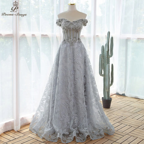 Elegant sequin lace gray flowers Evening dress  prom dresses evening gowns vestidos de fiesta robe de soirée de mariage