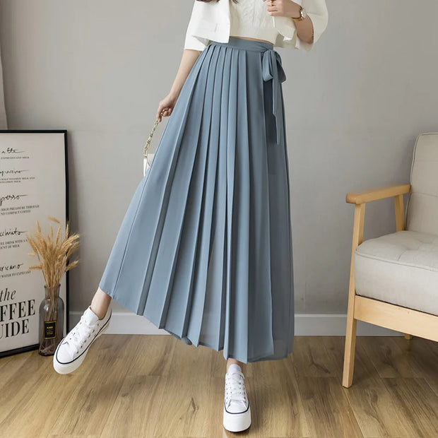 2021 Spring Summer New Style Korean Women Pleated Chiffon Trousers High Waist Pants Hakama Casual Wide Leg Pantalones