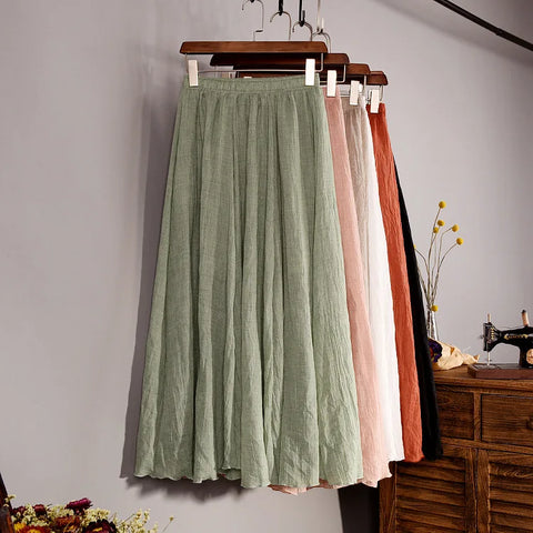 Women's Elegant 16 Color High Waist Elastic Waist Linen Pleated Long Skirts Ladies Slim Casual Skirt Saias New 2024 Summer SK05