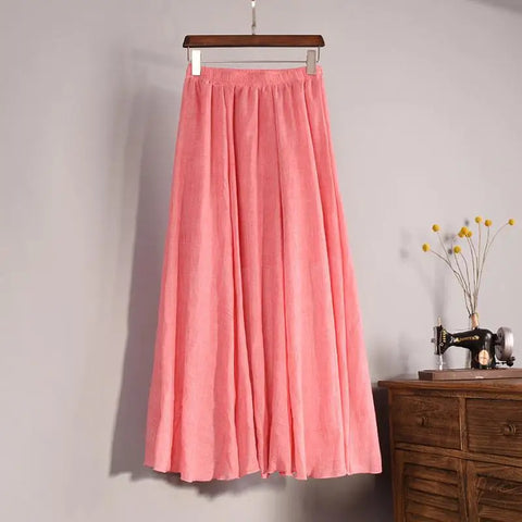 Women's Elegant 16 Color High Waist Elastic Waist Linen Pleated Long Skirts Ladies Slim Casual Skirt Saias New 2024 Summer SK05