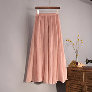 Women's Elegant 16 Color High Waist Elastic Waist Linen Pleated Long Skirts Ladies Slim Casual Skirt Saias New 2024 Summer SK05