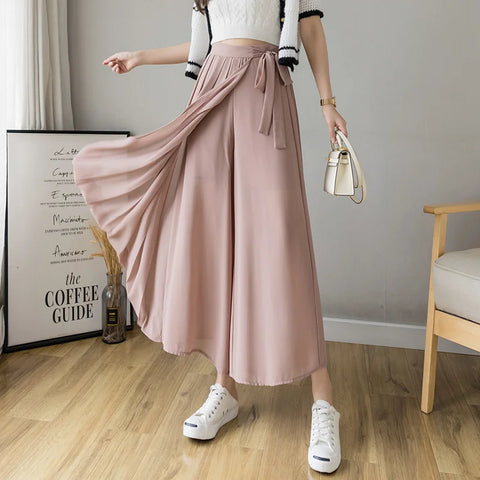 2021 Spring Summer New Style Korean Women Pleated Chiffon Trousers High Waist Pants Hakama Casual Wide Leg Pantalones