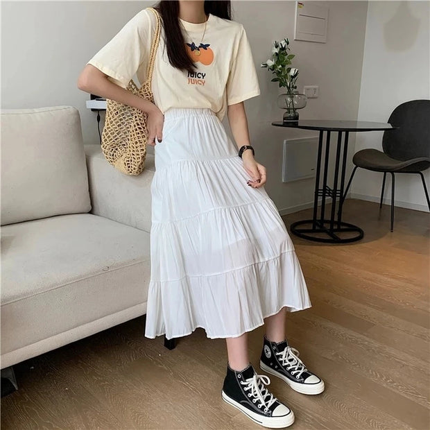 Spring Summer Women Chiffon Skirts Vintage High Waist Elastic Patchwork White Black Chic Long Cake A-line Skirt for Student