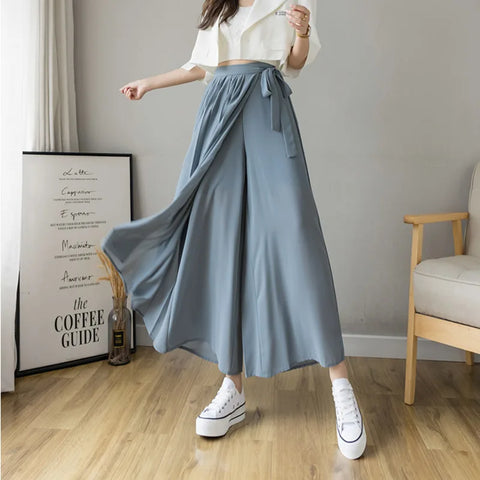 2021 Spring Summer New Style Korean Women Pleated Chiffon Trousers High Waist Pants Hakama Casual Wide Leg Pantalones