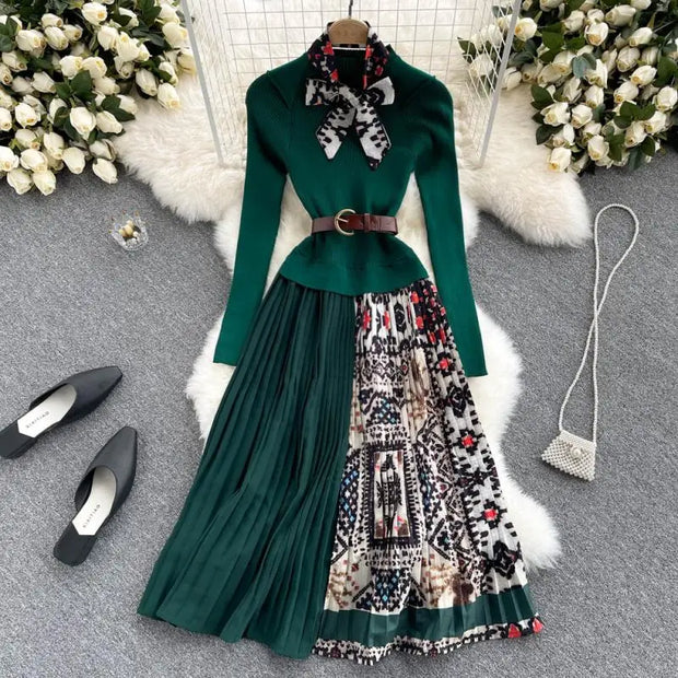 Banulin 2024 Autumn Winter Fashion Runway Vintage Elastic Knitted Dress Women Long Sleeve Patchwork Pleated Belted Midi Dress