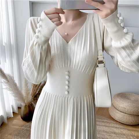 SMTHMA New Autumn Winter Knit Long Dress Women Casual Sexy V-Neck Slim Sweater Dresses Robe Office Lady Clothing