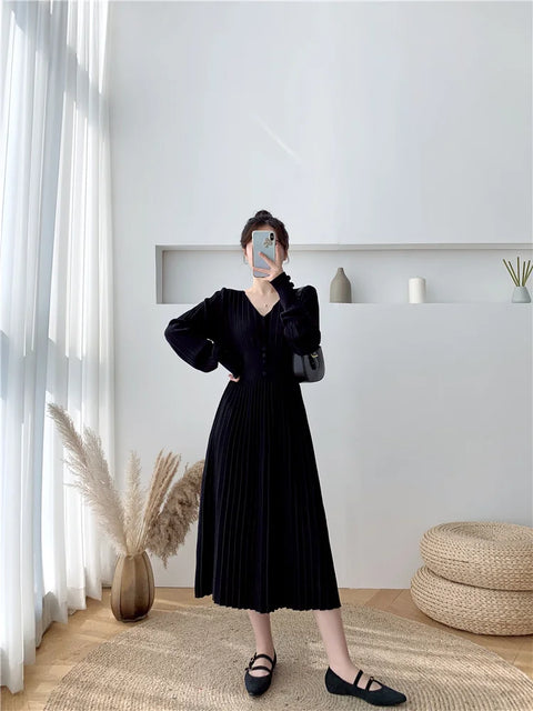 SMTHMA New Autumn Winter Knit Long Dress Women Casual Sexy V-Neck Slim Sweater Dresses Robe Office Lady Clothing