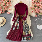 Banulin 2024 Autumn Winter Fashion Runway Vintage Elastic Knitted Dress Women Long Sleeve Patchwork Pleated Belted Midi Dress