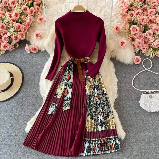 Banulin 2024 Autumn Winter Fashion Runway Vintage Elastic Knitted Dress Women Long Sleeve Patchwork Pleated Belted Midi Dress