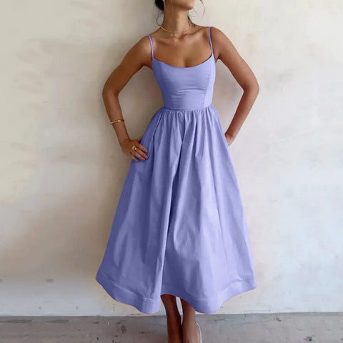 Fashion Solid Pleated Strap Dress Women Elegant Solid Sleeveless Midi Dresses 2024 Summer Casual Female Holiday Robe Vestidos