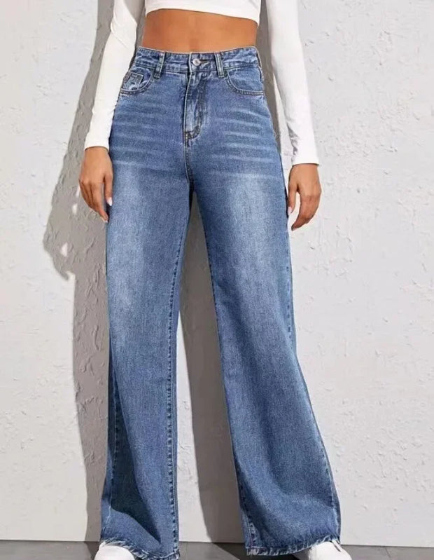 Slouchy Jeans Women High Waist Blue Jeans for Women Washed Zipper Fly Ankle Length Denim Pants Straight Leg Ladies Casual Jeans