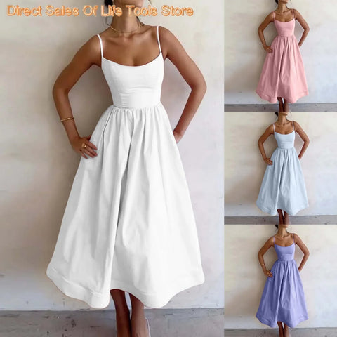 Fashion Solid Pleated Strap Dress Women Elegant Solid Sleeveless Midi Dresses 2024 Summer Casual Female Holiday Robe Vestidos