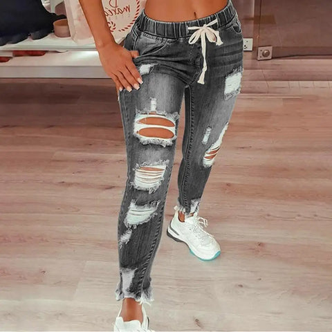 Popular Pencil Jeans Streetwear Women Jeans Slim Slim-fitting All Match Denim Pants  Elastic Waist