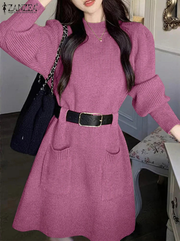 ZANZEA Korean Fashion Solid Basic Dresses Vintage Knitted Dress Women Long Sleeve Vestidos 2025 Spring Pocket No Belted Robes