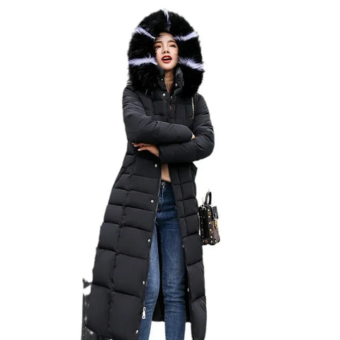 Long Down Cotton Parkas Coat Female New Winter Over Knee Loose Large Fur Collar Hooded Warm Thick Parkas Women Padded Overcoat