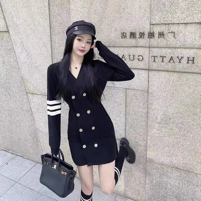 Autumn Fashion Chic Striped Long Sleeve Knitted Dress Women Clothing Vintage V-neck Slim Double Breasted Mini Dress