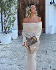 Long Sleeve Sexy Hollow Out Knitted Dresses Women Elegant Off Shoulder Knit Long Dress Party Evening See Through Robe Vestidos