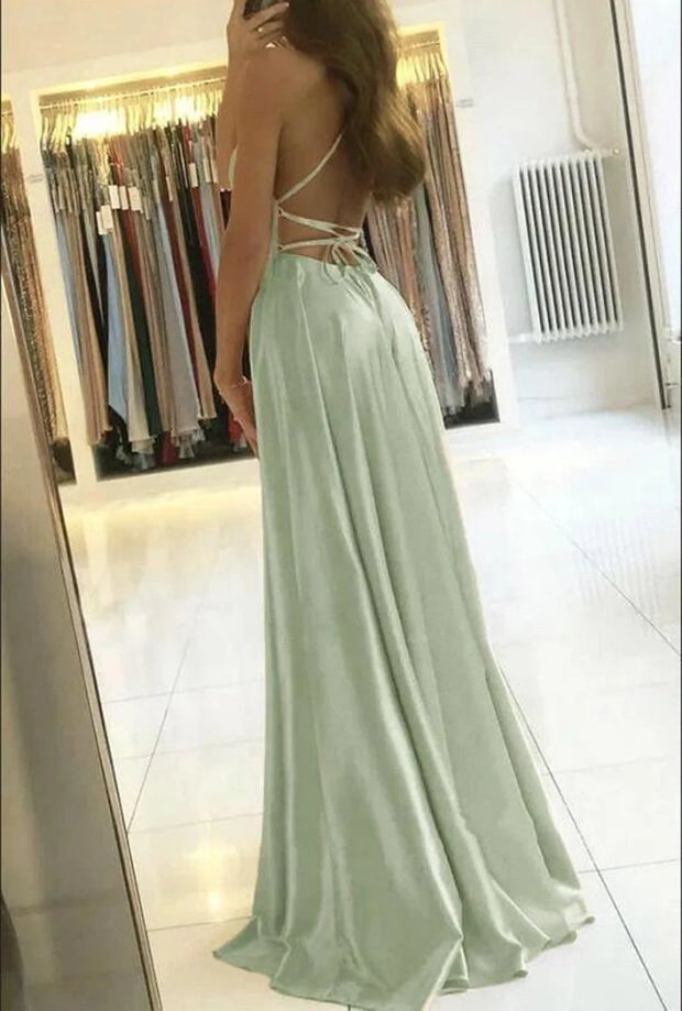 Ladies Blue A-line Long Satin Evening Dress For Women Simple Spaghetti Straps Sexy Slit Wedding Prom Party Gowns Vestidos