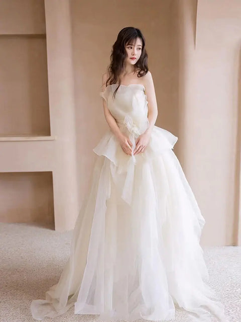 White Strapless Light Wedding Dresses Korean Simple Organza Ball Gown Bride's Wedding Dress Formal Evening Dress for Women boda