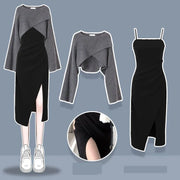 Women Spring Autumn New Vintage O-Neck Knit Sweater+sexy Sling Skirt 2-piece Suit Korean Chic Short Pullover Dress Matching Set