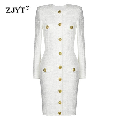 ZJYT Fashion Single Breasted Button Knitting Sweater Dresses for Women Spring 2025 Elegant Long Sleeve Sheath Casual Party Dress