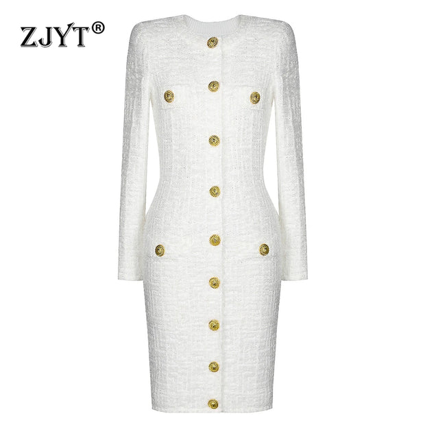 ZJYT Fashion Single Breasted Button Knitting Sweater Dresses for Women Spring 2025 Elegant Long Sleeve Sheath Casual Party Dress