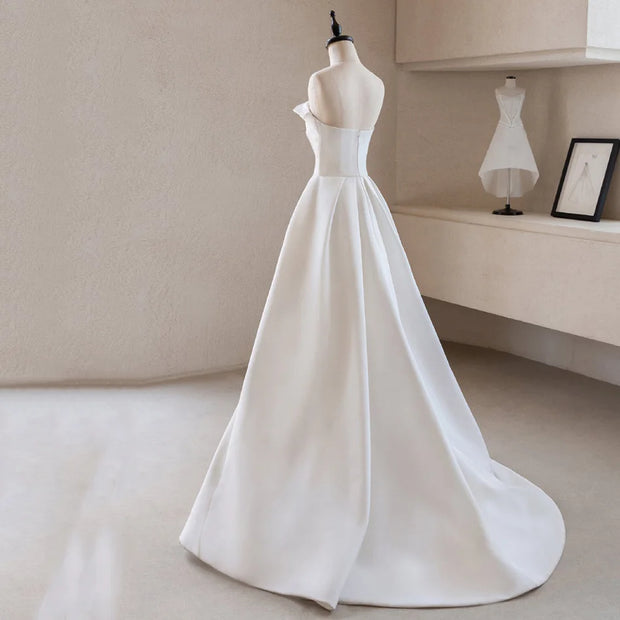 French Luxury White Satin Trailing Wedding Dresses for Bride 2022 Women Elegant Sexy Strapless Long Prom Party Dress vestidos