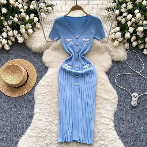 YuooMuoo Chic Fashion Sexy Wrap Hips Knitted Dress Women V-neck Short Sleeve Bodycon Pleated Sweater Dress Office Lady Vestios