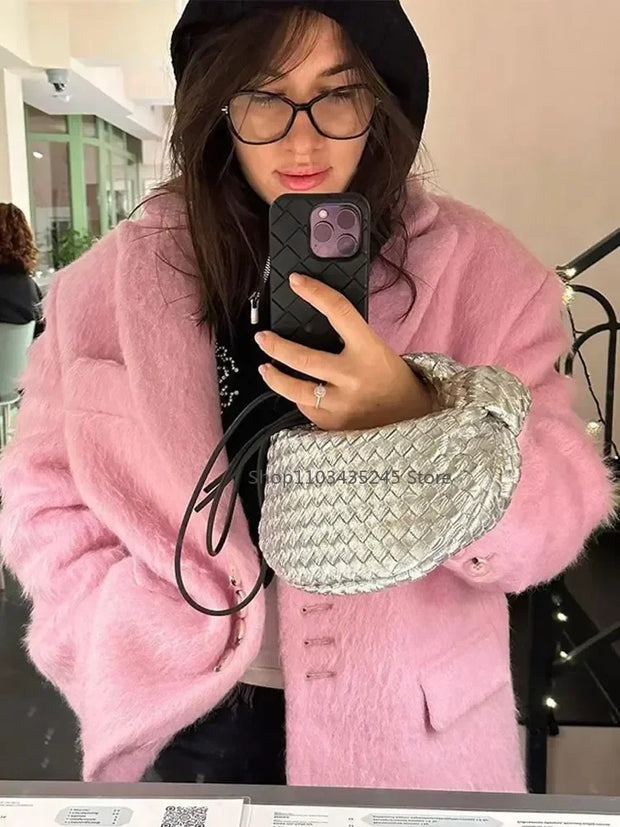 Fashion Lapel Woolen Plush Pink Coats Women Long Sleeves Single Breasted Loose Jackets Autumn Office Lady Pockest Overcoat