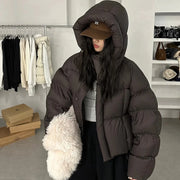 Korean Style Hooded Cropped Parkas Women 2024 Winter Thick Keep Warm Puffer Jacket Woman Solid Street Loose Bubble Cotton Coats