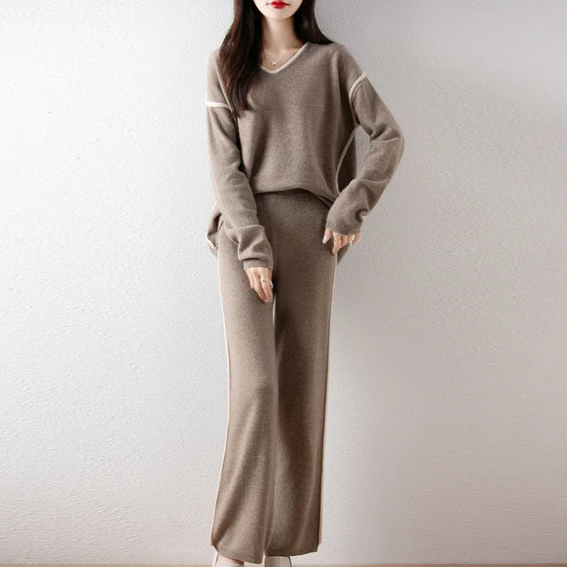 100% Pure Wool Low V-Neck Knitted Sweater Set, Women's Autumn Winter Drape Temperament Straight Leg Floor Pants Two-Piece Set