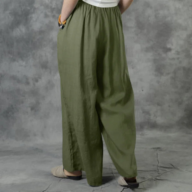 New Summer Loose Size Casual Wide-Leg Pants Solid Color Cotton Linen Elastic Waist Pants Ladies Street Drawstring Trousers