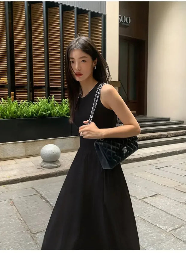 New Vintage Black Tank Top Midi Dress Wedding Dresses for Women Clothing O Neck Office Lady Casual Pockets Women's Clothing