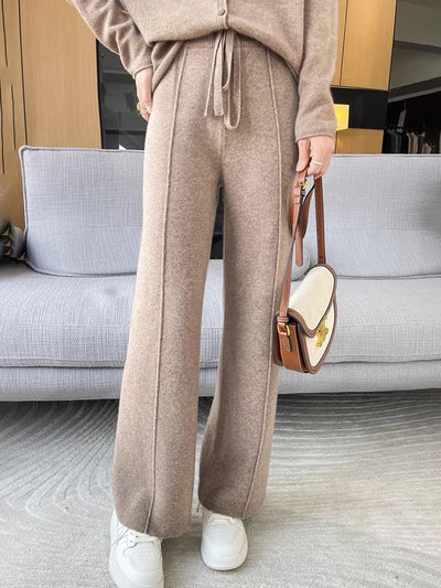 Knitted Wide-Leg Pants Women's Lengthened Mop Pants High Waist Drawstring Straight-Leg Pants Loose Slimming Casual Trousers 2024