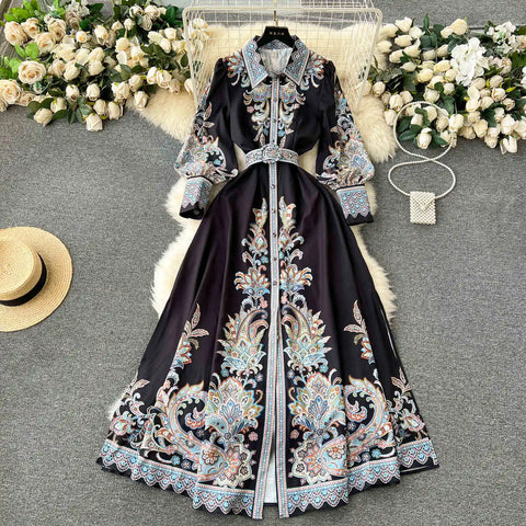 Vestidos Women Palace Retro Printing Dress Autumn And Winter Long Sleeve Elegant Single Breasted A-Line Shirts Dresses Robe