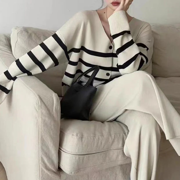 New In Spring Elegant 2-Piece Sets For Women Chic Stripe Sweater Cardigan Elastic Wide Leg Pants Sets Trend Casual Lady Outfit