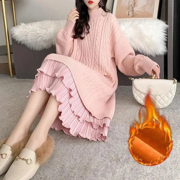 Autumn Winter Long Sleeve Sweater Dress Women Korean Ruffles Loose Knitted Dresses Woman 2023 Women's Mid-Length Knit Base Dress