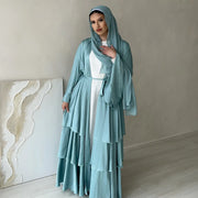 Eid Satin Abayas for Women Ruffles Cardigan Muslim Dress Dubai Turkey Kaftan Kimono Jalabiya Islam Prayer Ramadan Kebaya Robe