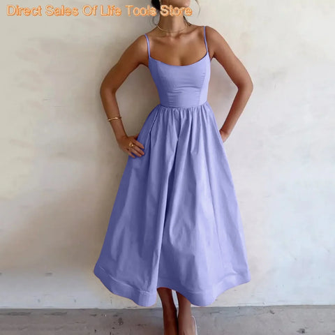 Fashion Solid Pleated Strap Dress Women Elegant Solid Sleeveless Midi Dresses 2024 Summer Casual Female Holiday Robe Vestidos