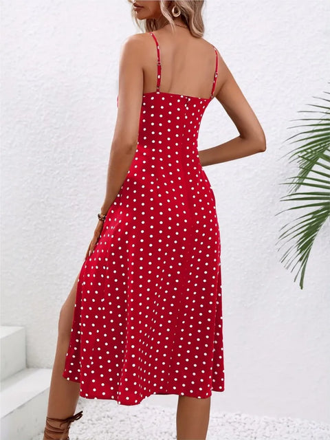 2024 Summer Sexy Spaghetti Straps Dress Women Fashion Polka Dot Print Sleeveless Slit Dress Boho Casual Beach Midi Dresses