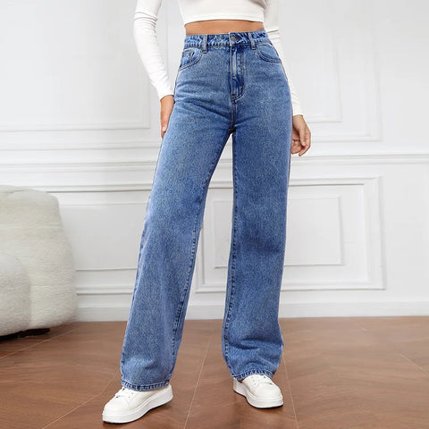 Straight High Waist Jeans Women 2024 New Leg Pockets Basics Ankle Length Pants Y2k Denim Trousers Vintage Blue Washed Jeans