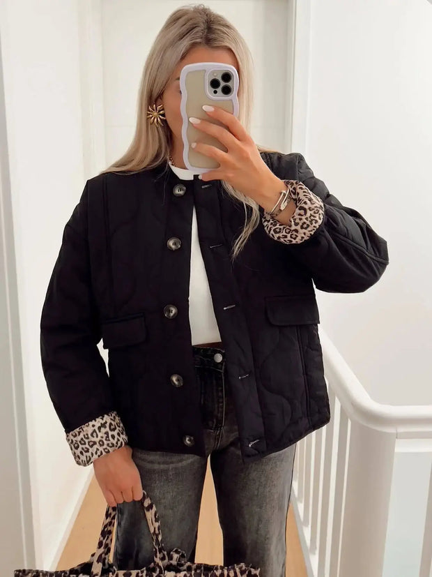 Fashion Leopard Print Lined Cotton Jacket Coat Women O-Neck Single-breasted Quilted Parkas Woman 2024 Fall Winter Warm Coats